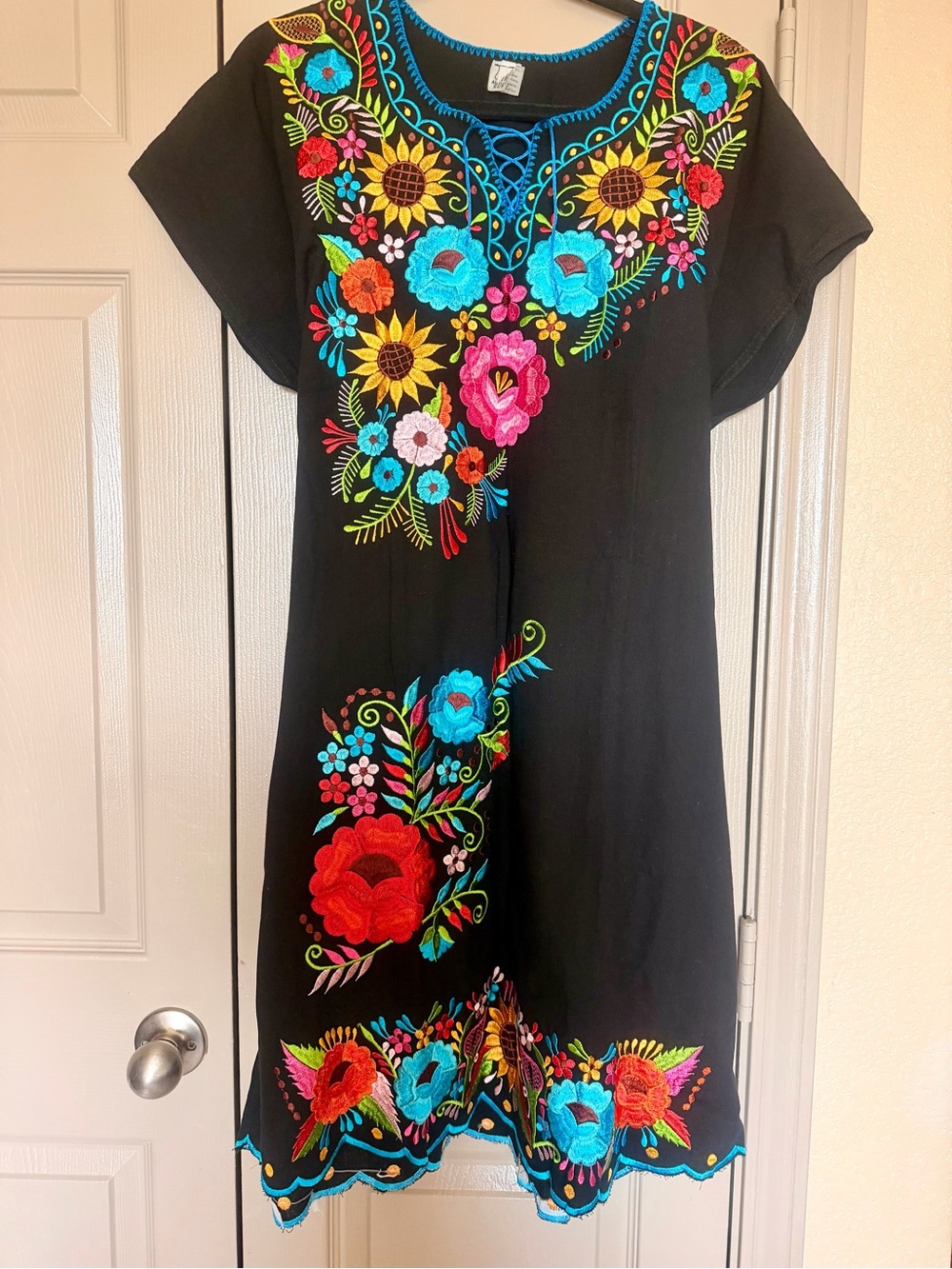 Black Embroidered Mexican-Style Shift Dress with Bright Floral Accents-NEW!!!